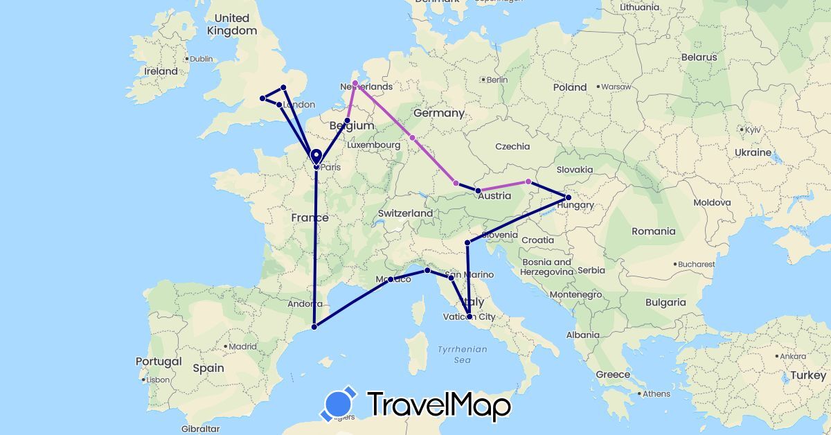 TravelMap itinerary: driving, train in Austria, Belgium, Germany, Spain, France, United Kingdom, Hungary, Italy, Netherlands (Europe)